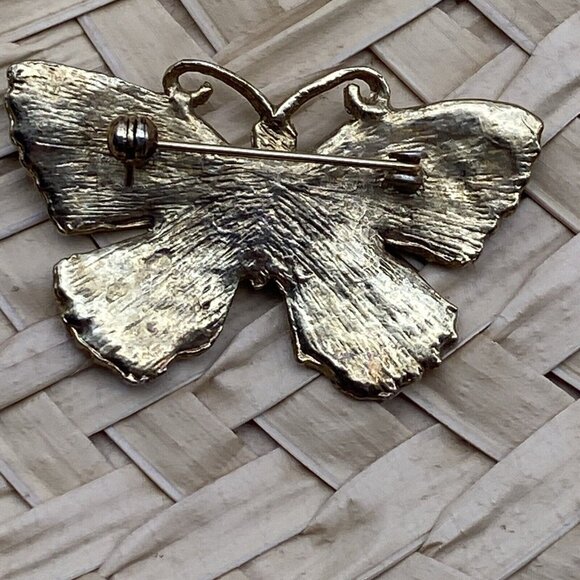 Vintage Butterfly Brooch Pin Green Blue Enamel Rhinestone Goldtone Boho Hippie - Picture 6 of 6